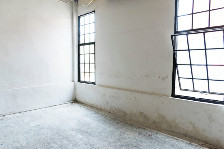 Empty room with white walls, two large windows, and a bare concrete floor. Natural light enters.